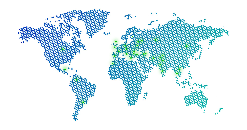 Black halftone dotted blue gradient world map. Vector illustration. Dotted map in flat design. Vector illustration isolated on white background